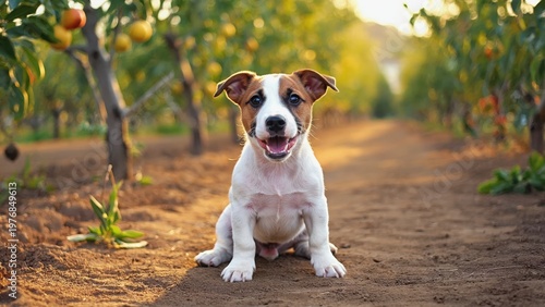 Young Jack Russell Terrier puppy sitting on dirt path in orchard with fruit trees
