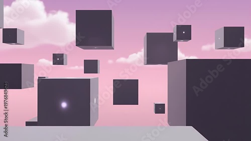 A surreal and dreamlike scene depicts numerous dark cubes suspended in a pink sky dotted with fluffy white clouds, creating an abstract and intriguing visual.