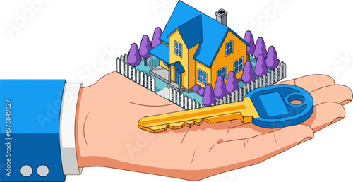 A professional hand presents a miniature dream home with a large golden key, symbolizing new ownership, real estate investment, and the exciting journey of acquiring property or unlocking housing oppo
