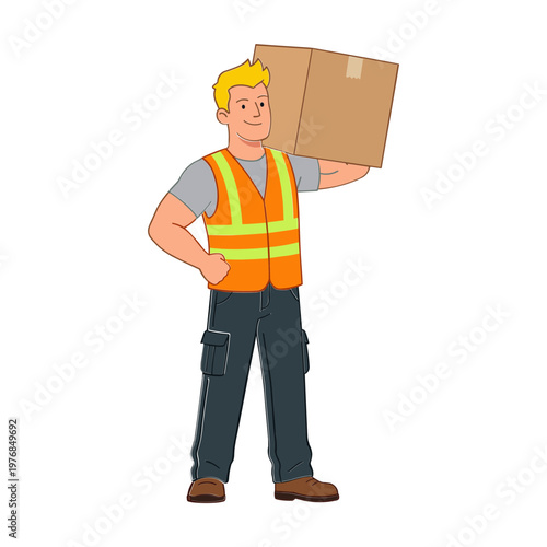 A man wearing safety gear carries a cardboard box in an industrial setting.