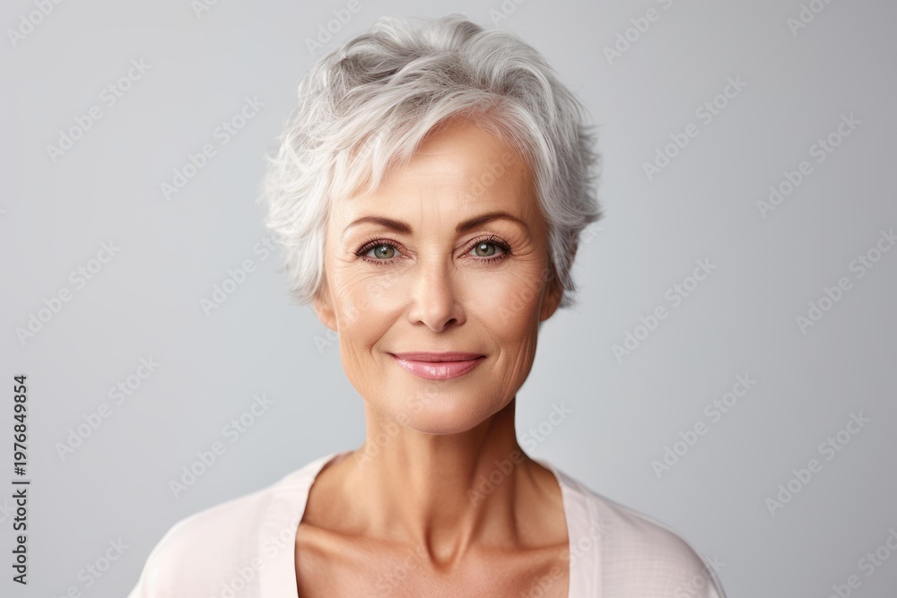 Fototapeta premium Senior woman with short grey hair smiling, representing graceful aging and well being