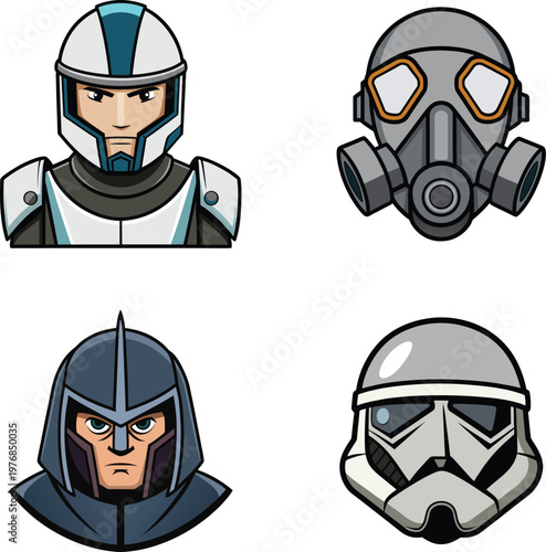 flat vector icons of futuristic sci-fi helmets and gas masks set