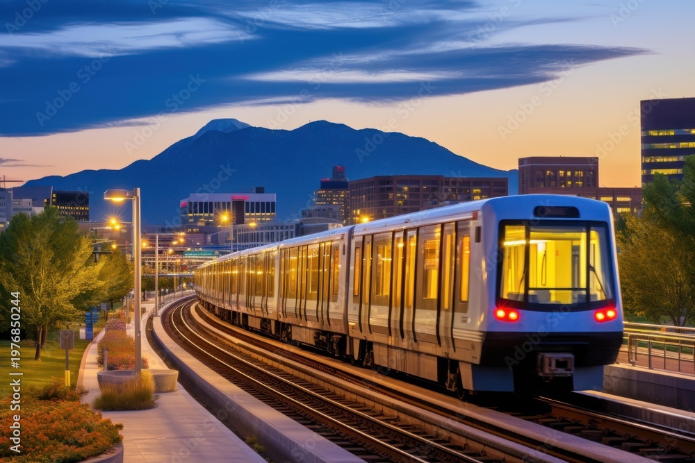 Obraz premium Modern train traveling on an elevated railway with illuminated city buildings and mountains in the background