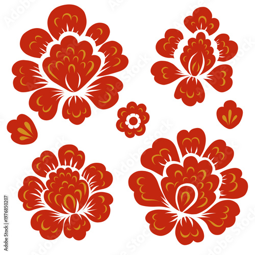 Vector set of red decorative flowers. Collection of floral folk art clip art. Slavic flowers for cards and stickers.