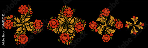 Vector set of decorative circular floral clip arts. Collection of Slavic tracery mandala of red flowers for invitation, postcard and digital crafting