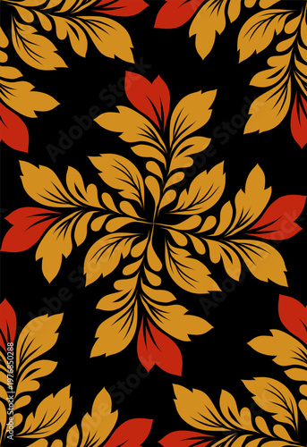 Vector seamless pattern of gold and red leaves on a black background. Foliage texture. Nature decorative ornament for fabrics and wallpaper.