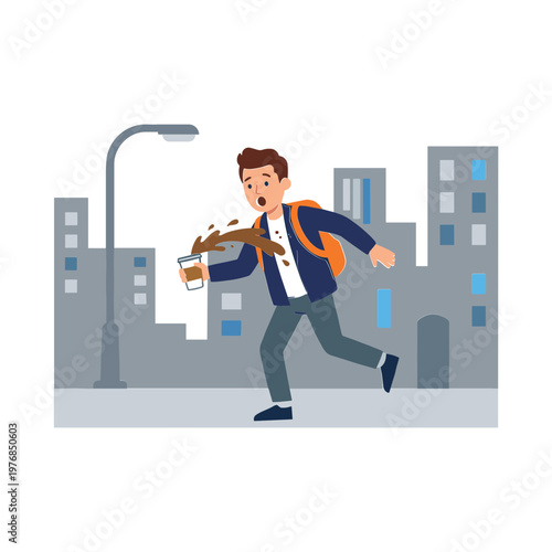 Man runs down city street with coffee and violin in hand quickly