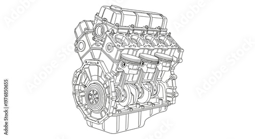 Detailed car engine mechanical drawing.