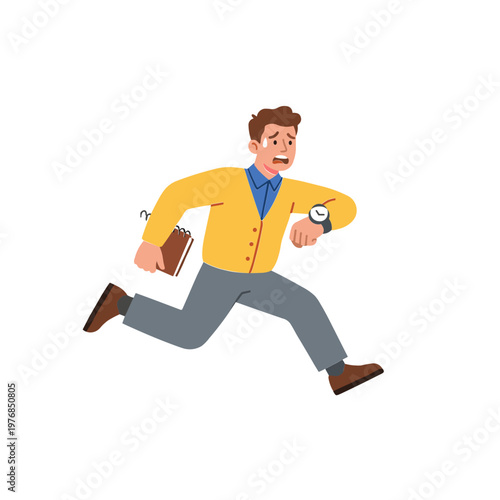Man rushing to class holding book and checking watch on arm