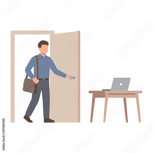 Man entering office with briefcase and opening door to desk with laptop inside