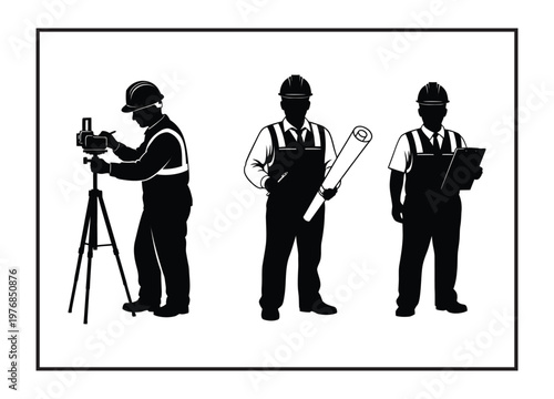 Silhouetted surveying team a black and white depiction of land measurement professionals at work outdoors