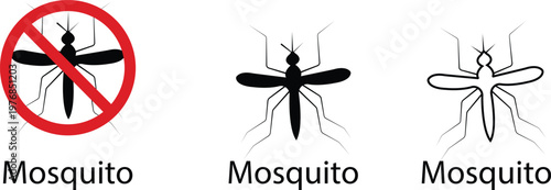 Mosquito insect icon set collection group pest bug vector illustration, mosquito gnat fly insect symbol silhouette outline flat line style black icons for hygiene, danger, prevention design