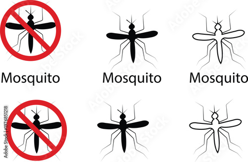 Mosquito insect icon set collection group pest bug vector illustration, mosquito gnat fly insect symbol silhouette outline flat line style black icons for hygiene, danger, prevention design