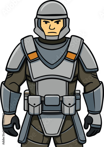 Cartoon Soldier in Futuristic Armor, Standing Front View