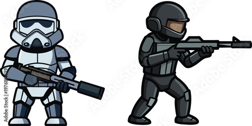 Cartoon soldiers with rifles, representing military or sci-fi characters