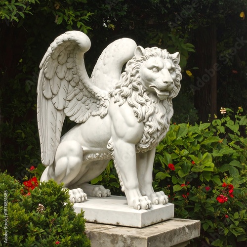 A white marble statue of a mythical winged lion in a garden