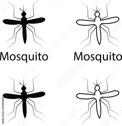 Mosquito icon set collection group in flat and line style vector black insect bug fly pest silhouette outline symbol design, mosquito gnat midge insect repellent warning sign