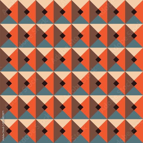 Seamless pattern created from overlapping orange and brown triangles, cream and teal triangles and small dark brown diamonds