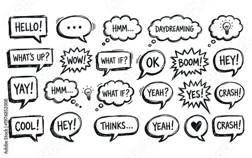Collection of various speech bubbles and thought clouds with different expressions