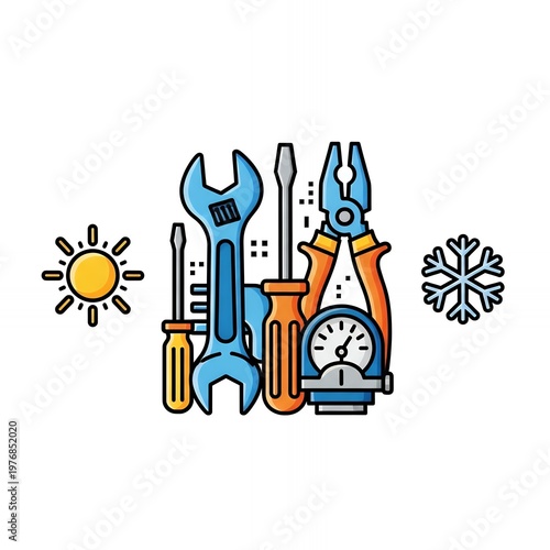 flat design tools and clock with sun and snowflake icons