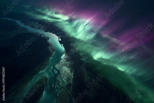 Aerial Perspective of Calm Arctic Lake Mirroring Northern Lights Across an Untouched Winter Wilderness Scene