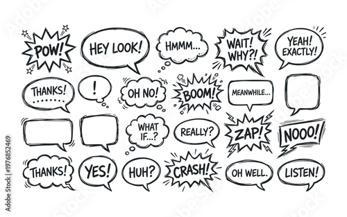 Collection of various comic book style speech bubbles and expressions