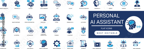 personal ai assistant solid icon set. virtual helper, chatbot, ai chatbot, voice assistant, generative, smart, technology, task management. editable vector illustration collection set.