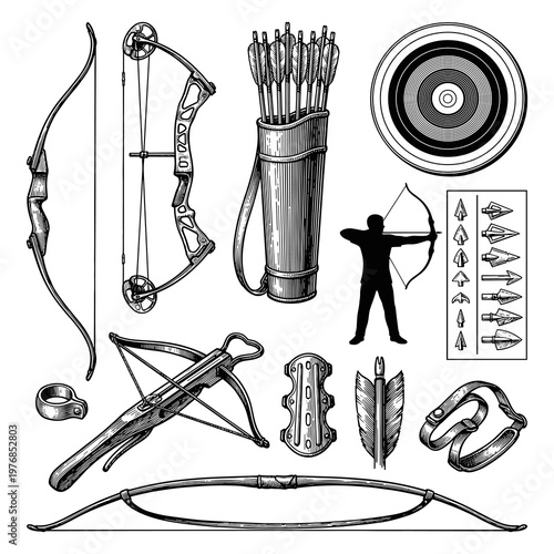 Archery equipment set: recurve and compound bows, target, arrows, quiver, crossbow, and shooting accessories.