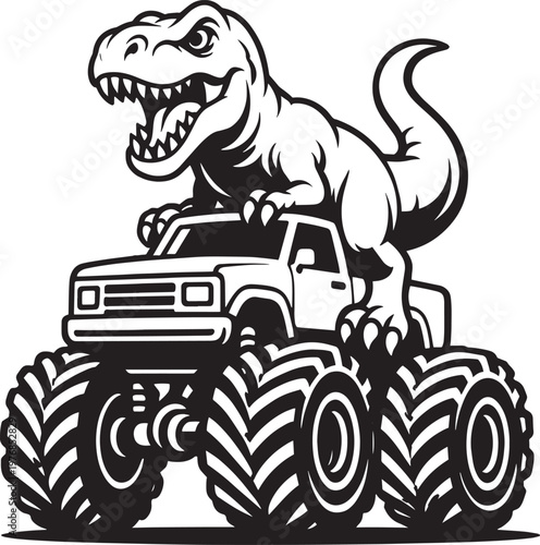 Tyrannosaurus rex dinosaur riding on monster truck vehicle illustration for kids apparel.