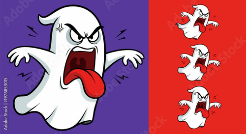 Angry cartoon ghost character vector, aggressive white phantom with red tongue, spooky Halloween spirit illustration on purple and red background