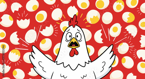 Funny cartoon chicken character with shocked expression, panicked white hen surrounded by cracked eggs, humorous poultry illustration on red background