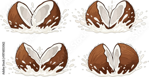 Fresh coconut milk splash vector set, cracked brown coconuts with white liquid spray, tropical fruit juice explosion icons for food packaging
