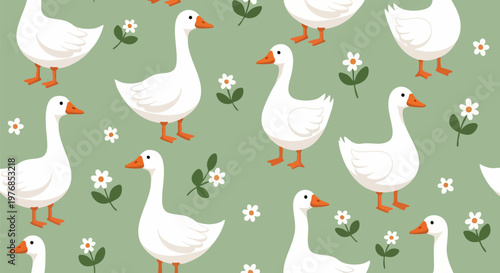 Cottagecore white goose seamless pattern, vintage farm animal vector background, cute geese and daisy flowers on sage green textile print