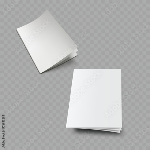 Realistic Floating Blank Brochure Mockup Set. Vector White Softcover Magazine or Booklet Templates with Shadow.
