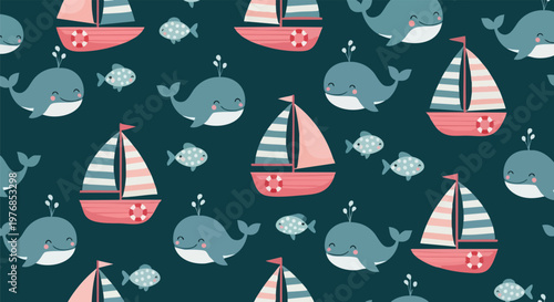 Nautical seamless pattern with cute whales and sailboats, ocean life vector background for nursery decor, blue and pink marine animal wallpaper
