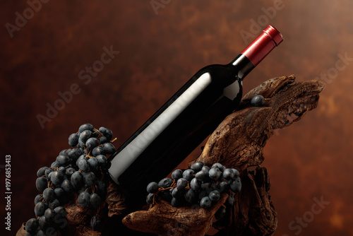 Unopened bottle of red wine, blue grapes, and weathered snag.