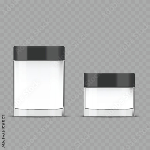 Realistic Blank Cosmetic Jar Mockup Set. Vector White Glass Cream Containers with Black Lids.
