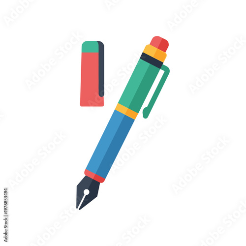 Fountain pen with cap vector illustration featuring colorful teal and blue body with gold accents and black nib for calligraphy writing and sketching office stationery isolated on white background.
