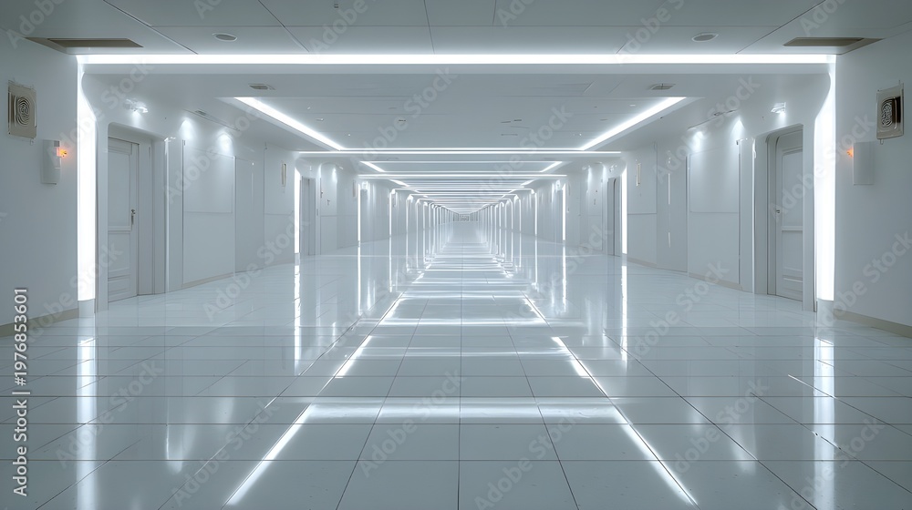 Fototapeta premium Immaculate Nuclear Facility Corridor with White Walls Reflects Clean Technology, Precision Operations, and Controlled Safety
