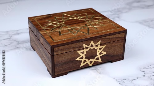 Ornate wooden jewelry box with intricate gold star inlay patterns, decorative treasure chest on a marbled surface