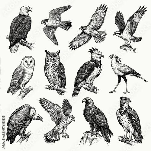 Birds of prey collection: bald eagle, falcon, hawk, owl, and vulture, detailed black engraving