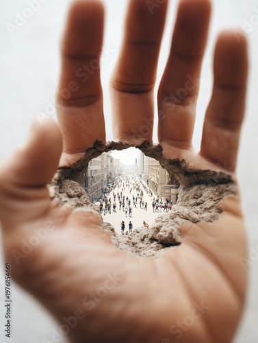 Surreal concept of a human hand with a hole revealing a busy city street full of people, symbolizing perspective and urban life.