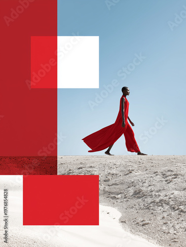 Minimalist fashion scene with a woman in a flowing red dress walking across sandy terrain against a blue sky with abstract geometric red and white shapes collage.