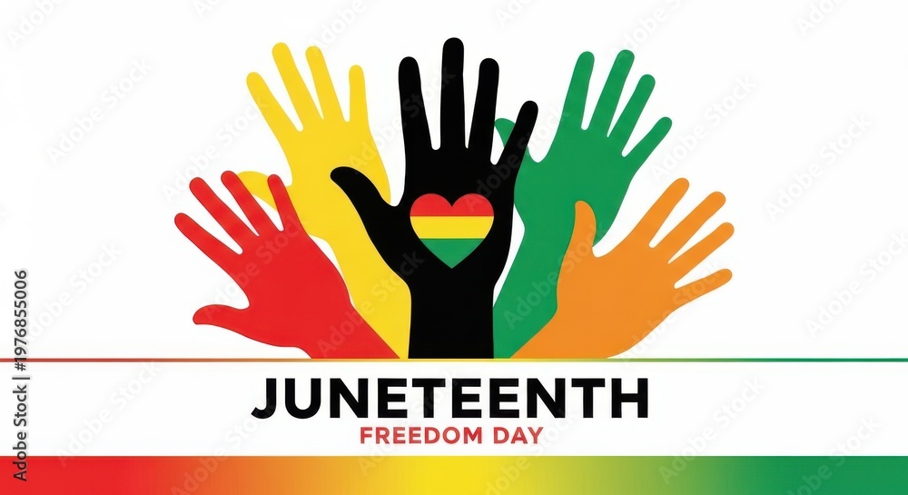 Fototapeta premium Juneteenth freedom day illustration with colorful hands and heart symbol