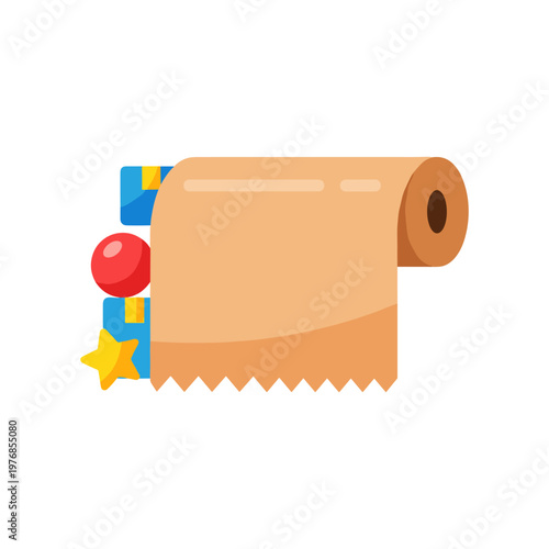 Wrapping paper roll vector illustration with gift boxes and star and ball decorations for holiday celebration festive seasonal surprise concepts isolated on white background flat style graphic.