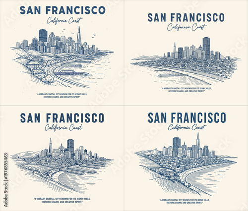 vibrant coastal city san francisco california coast skyline sketch with iconic hills and bay design vector illustration artwork