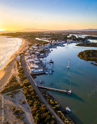 Aerial view of a serene coastal marina at sunset