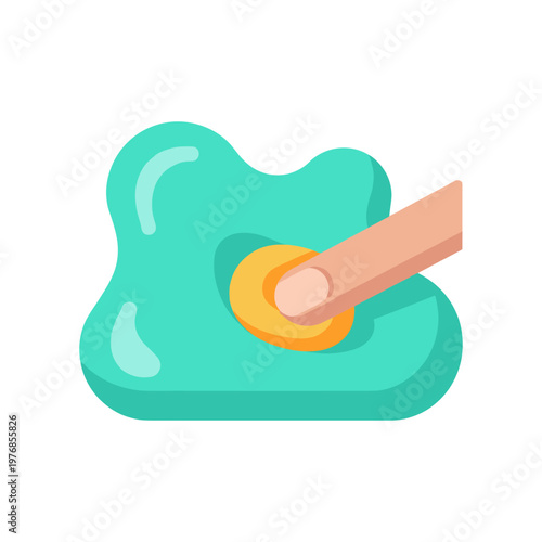 Slime toy pressing process by human hand finger creating fun shape, stress relief play activity, vector graphic illustration for children and adults.
