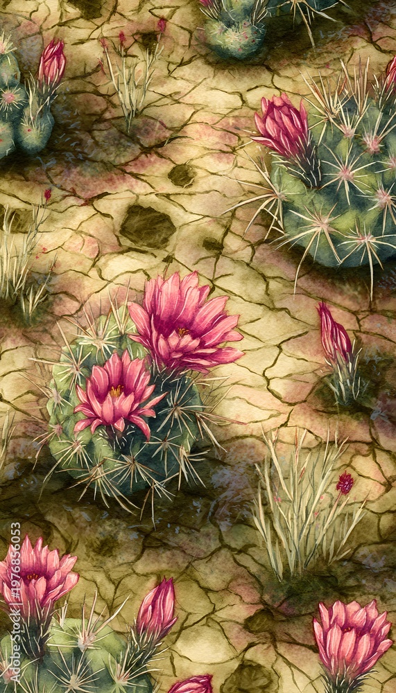 Fototapeta premium Fragile desert blooms watercolor illustration showcasing cacti pink flowers on cracked earth bathed in golden light