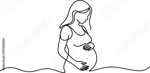 Pregnant woman standing with hands on abdomen in line drawing style